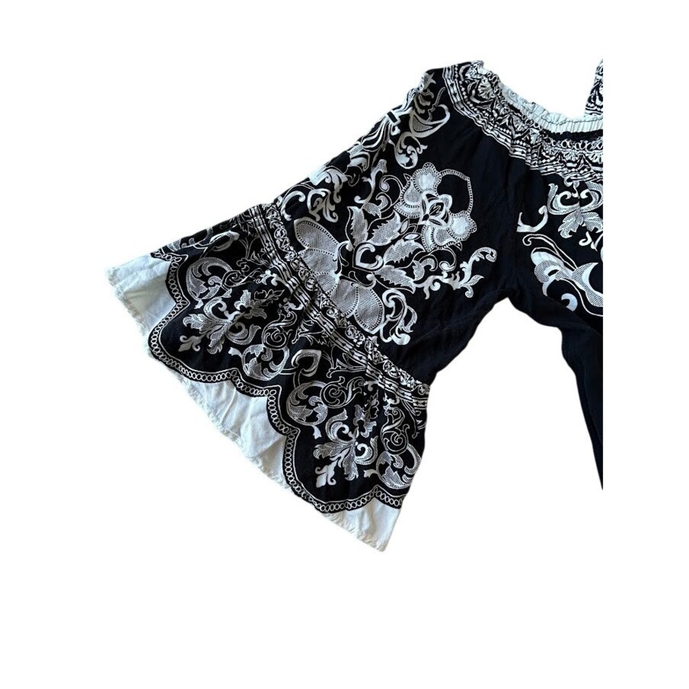 Flying Tomato Black White Damask Paisley Bell Sleeve Off Shoulder Tunic Top L - Picture 5 of 9